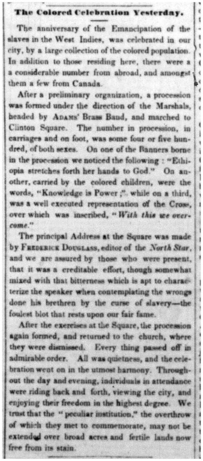 Rochester Daily Advertiser describing the August celebration of the anniversary of the Emancipation of slaves in the West Indies.